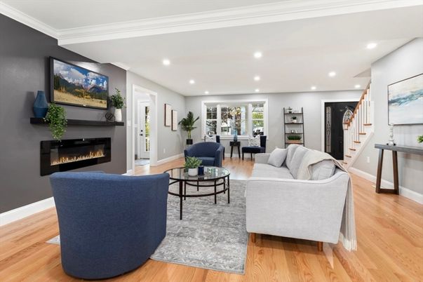 Fireplace, Interior, Living room, Recessed Lighting, Wood Texture Flooring