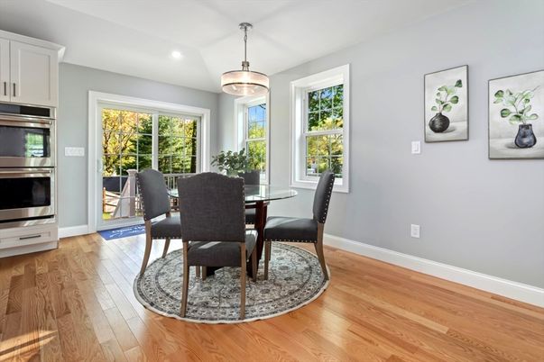 Dining room, Interior, Kitchen, Pendant Lights, Recessed Lighting, Stainless Steel Appliances, Wood Texture Flooring
