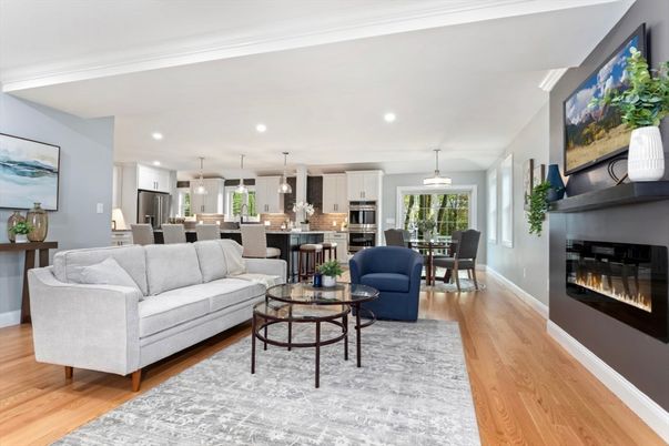 Dining room, Fireplace, Interior, Kitchen, Living room, Pendant Lights, Recessed Lighting, Stainless Steel Appliances, Wood Texture Flooring