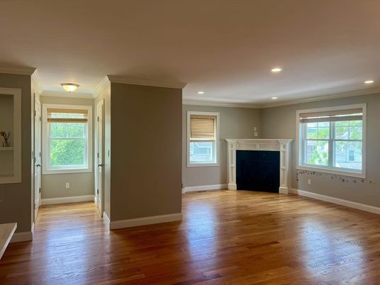 Empty room, Fireplace, Interior, Recessed Lighting, Wood Texture Flooring
