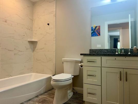 Bathroom, Interior, Marble Walls, Wood Texture Flooring