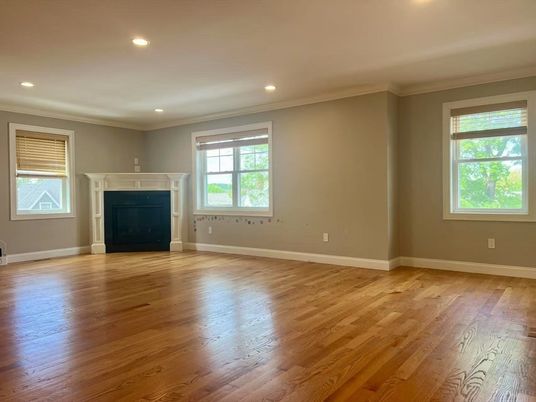 Empty room, Fireplace, Interior, Recessed Lighting, Wood Texture Flooring