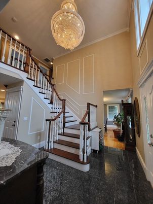 Chandelier, Fireplace, Interior, Recessed Lighting, Wood Texture Flooring