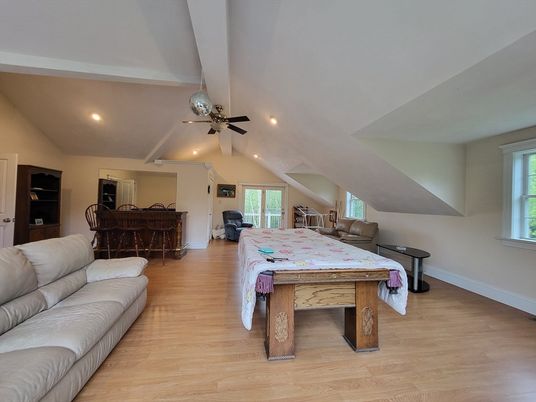 Dining room, Interior, Living room, Recessed Lighting, Wood Texture Flooring