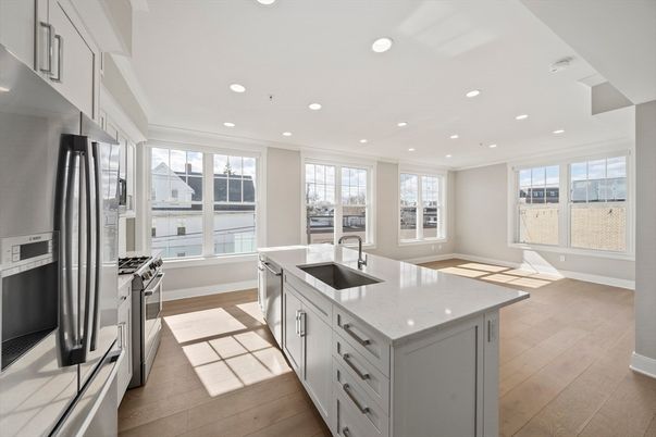 Interior, Kitchen, Recessed Lighting, Stainless Steel Appliances, Wood Texture Flooring