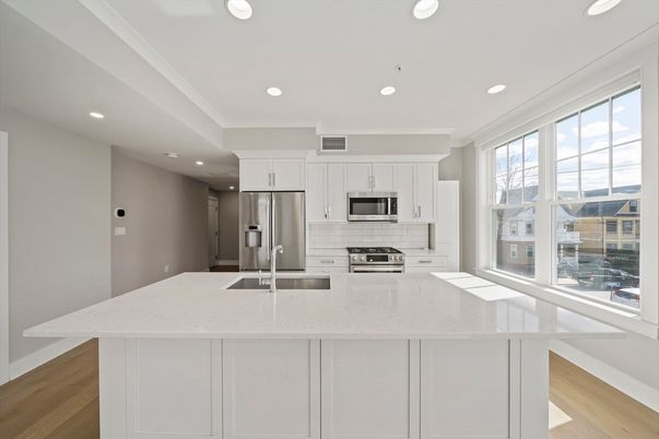 Interior, Kitchen, Recessed Lighting, Stainless Steel Appliances, Wood Texture Flooring