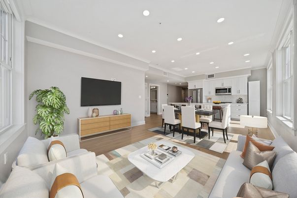 Dining room, Interior, Kitchen, Living room, Recessed Lighting, Stainless Steel Appliances, Wood Texture Flooring