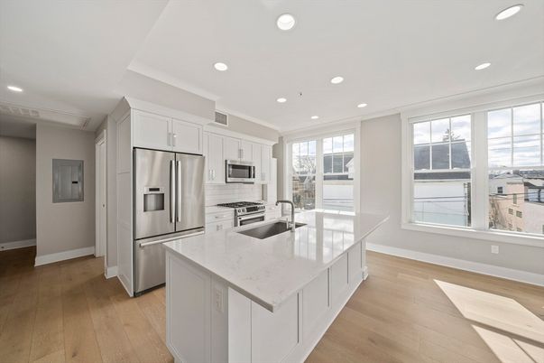 Interior, Kitchen, Recessed Lighting, Stainless Steel Appliances, Wood Texture Flooring