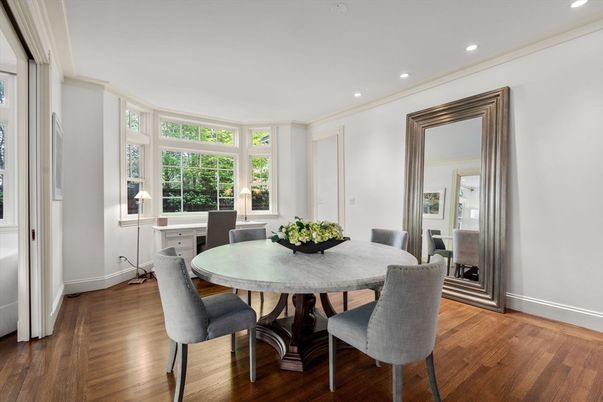 Dining room, Interior, Recessed Lighting, Wood Texture Flooring