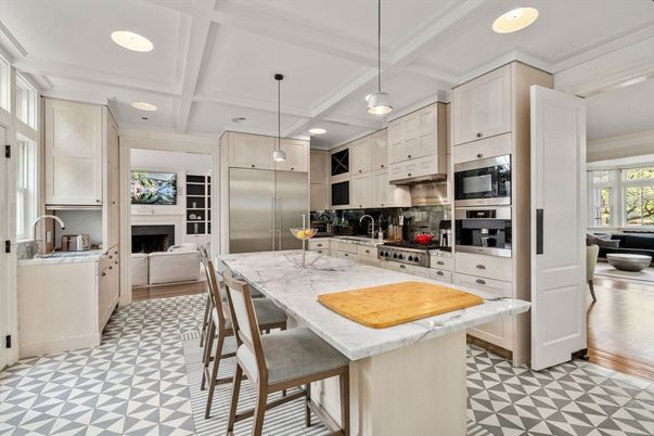 Fireplace, Interior, Kitchen, Living room, Pendant Lights, Recessed Lighting, Stainless Steel Appliances, Wood Texture Flooring