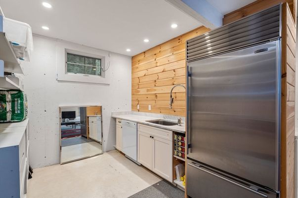 Interior, Kitchen, Recessed Lighting, Stainless Steel Appliances, Wooden Walls