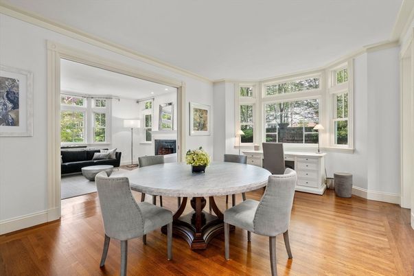 Dining room, Fireplace, Interior, Living room, Recessed Lighting, Wood Texture Flooring