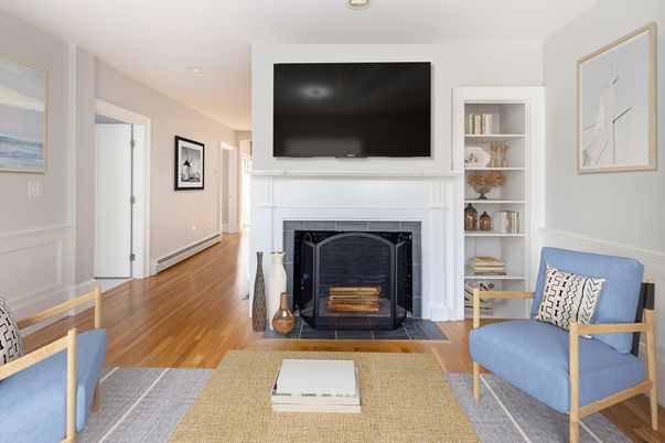 Fireplace, Interior, Recessed Lighting, Wood Texture Flooring