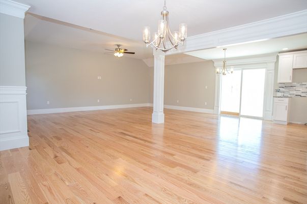 Chandelier, Empty room, Interior, Kitchen, Wood Texture Flooring