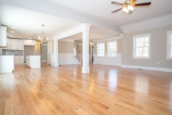 Chandelier, Empty room, Interior, Kitchen, Pendant Lights, Recessed Lighting, Wood Texture Flooring