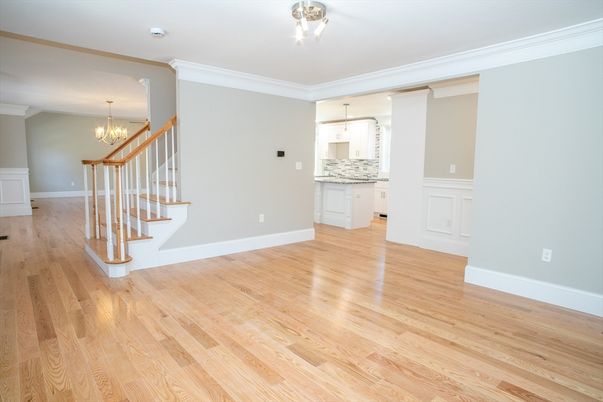 Chandelier, Empty room, Interior, Kitchen, Wood Texture Flooring