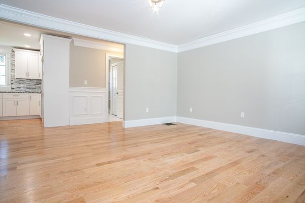 Empty room, Interior, Kitchen, Recessed Lighting, Wood Texture Flooring