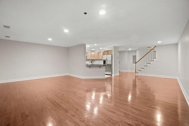 Empty room, Interior, Kitchen, Recessed Lighting, Wood Texture Flooring