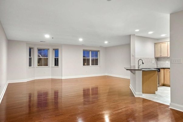 Empty room, Interior, Kitchen, Recessed Lighting, Wood Texture Flooring