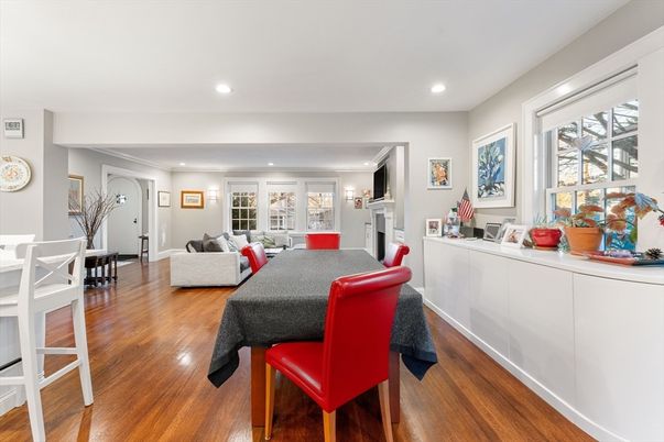 Dining room, Fireplace, Interior, Living room, Recessed Lighting, Wood Texture Flooring