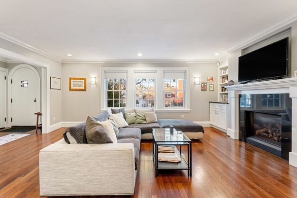 Fireplace, Interior, Living room, Recessed Lighting, Wood Texture Flooring