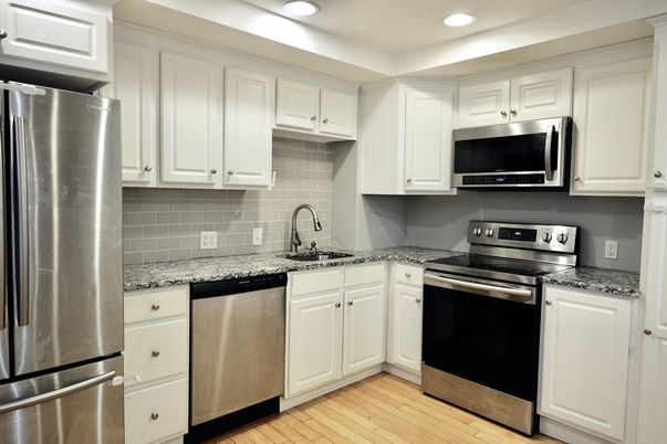 Interior, Kitchen, Recessed Lighting, Stainless Steel Appliances, Wood Texture Flooring