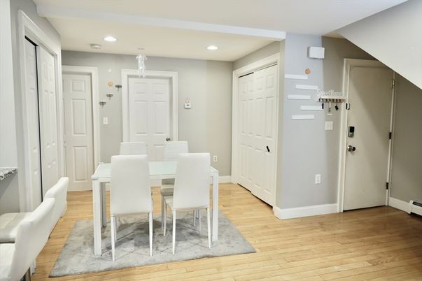 Dining room, Interior, Recessed Lighting, Wood Texture Flooring