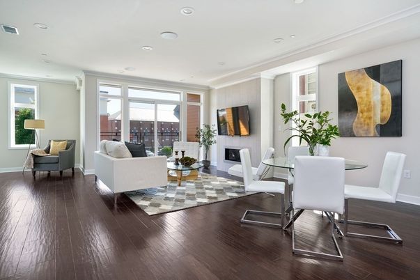 Dining room, Fireplace, Interior, Living room, Recessed Lighting, Wood Texture Flooring