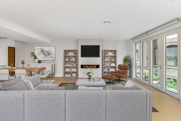 Dining room, Fireplace, Interior, Living room, Recessed Lighting, Wood Texture Flooring