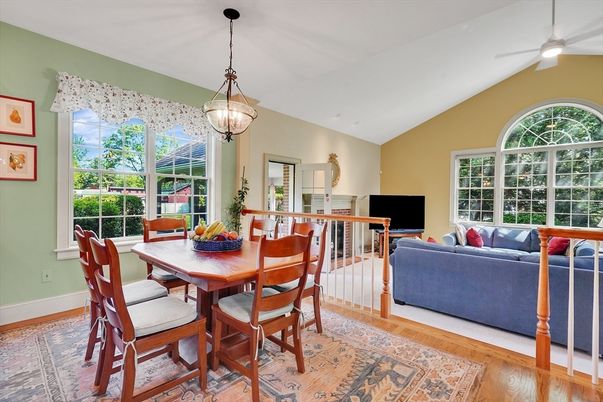 Dining room, Interior, Living room, Pendant Lights, Wood Texture Flooring