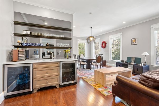 Dining room, Interior, Pendant Lights, Recessed Lighting, Wood Texture Flooring