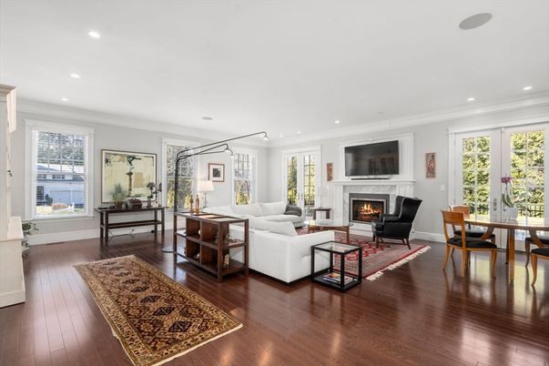 Dining room, Fireplace, Interior, Living room, Recessed Lighting, Wood Texture Flooring