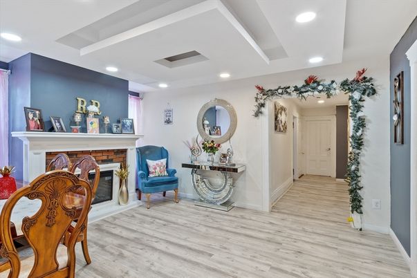 Fireplace, Interior, Recessed Lighting, Wood Texture Flooring