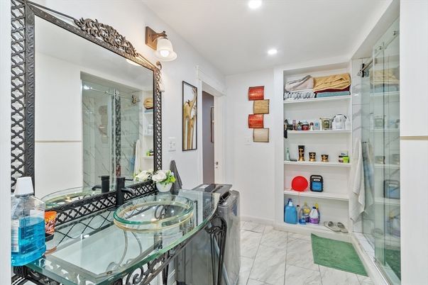 Bathroom, Glass Shower, Interior, Marble, Recessed Lighting