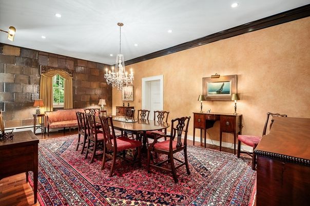 Chandelier, Dining room, Interior, Recessed Lighting, Stone Walls, Wood Texture Flooring