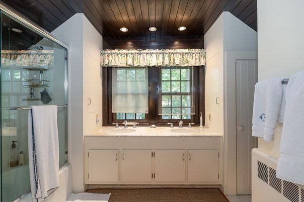 Bathroom, Dual Sink Vanities, Glass Shower, Interior, Recessed Lighting, Wooden Ceilings