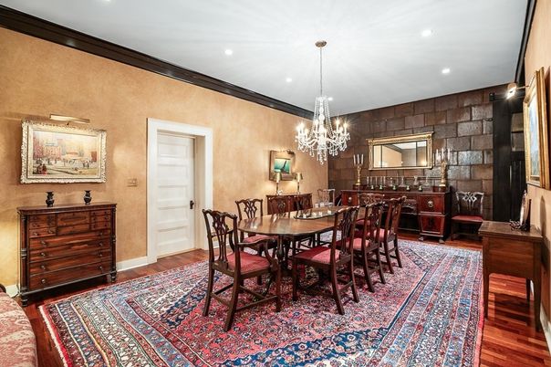 Chandelier, Dining room, Interior, Recessed Lighting, Stone Walls, Wood Texture Flooring