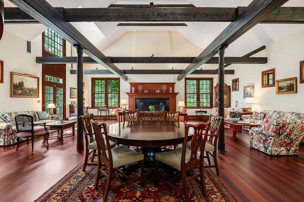 Dining room, Fireplace, Interior, Living room, Wooden Beams, Wood Texture Flooring