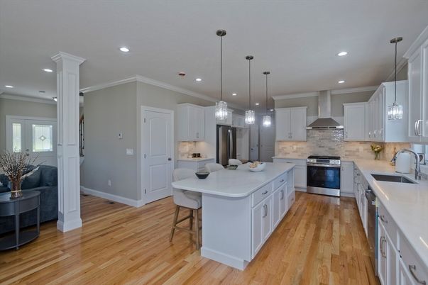 Interior, Kitchen, Pendant Lights, Recessed Lighting, Stainless Steel Appliances, Wood Texture Flooring