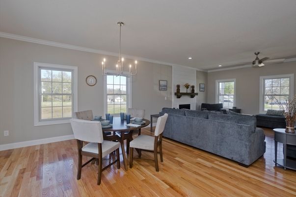 Dining room, Fireplace, Interior, Living room, Pendant Lights, Recessed Lighting, Wood Texture Flooring