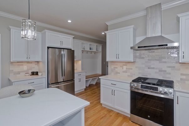 Interior, Kitchen, Pendant Lights, Recessed Lighting, Stainless Steel Appliances, Wood Texture Flooring