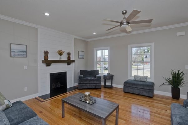 Fireplace, Interior, Living room, Recessed Lighting, Wood Texture Flooring