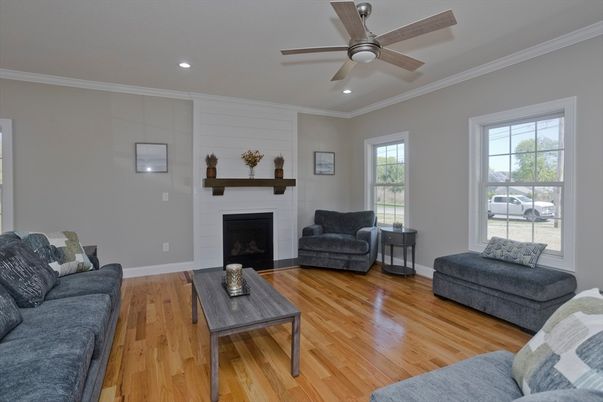 Fireplace, Interior, Living room, Recessed Lighting, Wood Texture Flooring