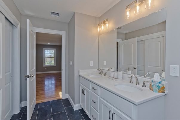 Bathroom, Dual Sink Vanities, Interior, Recessed Lighting, Wood Texture Flooring