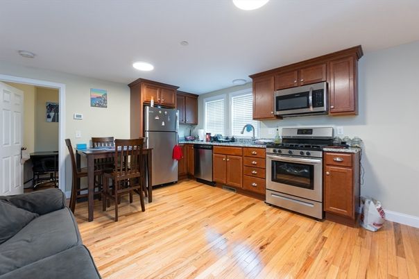 Dining room, Interior, Kitchen, Recessed Lighting, Stainless Steel Appliances, Wood Texture Flooring