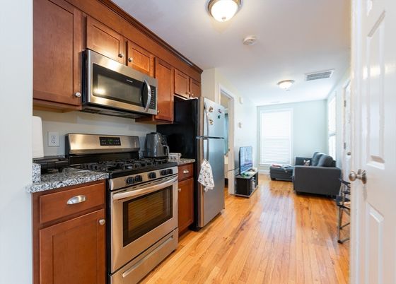 Interior, Kitchen, Living room, Stainless Steel Appliances, Wood Texture Flooring