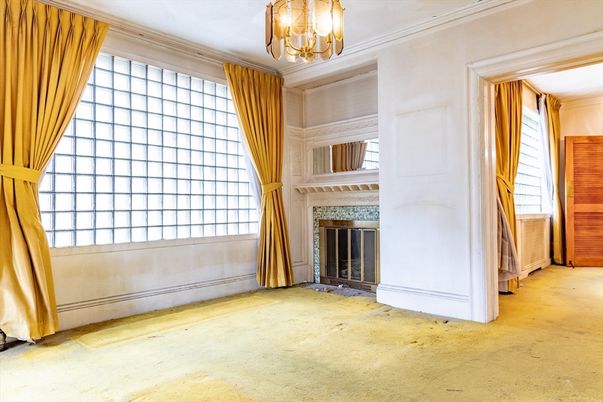 Chandelier, Empty room, Fireplace, Interior
