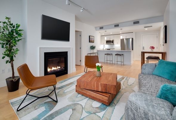 Fireplace, Interior, Kitchen, Living room, Recessed Lighting, Stainless Steel Appliances, Wood Texture Flooring
