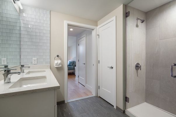 Bathroom, Glass Shower, Interior, Recessed Lighting, Wood Texture Flooring