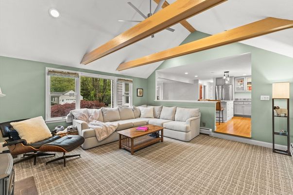 Interior, Kitchen, Living room, Pendant Lights, Recessed Lighting, Wooden Beams, Wood Texture Flooring
